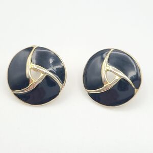 Vintage 80s Black Enamel Gold Swirl Round Stud Earrings Retro